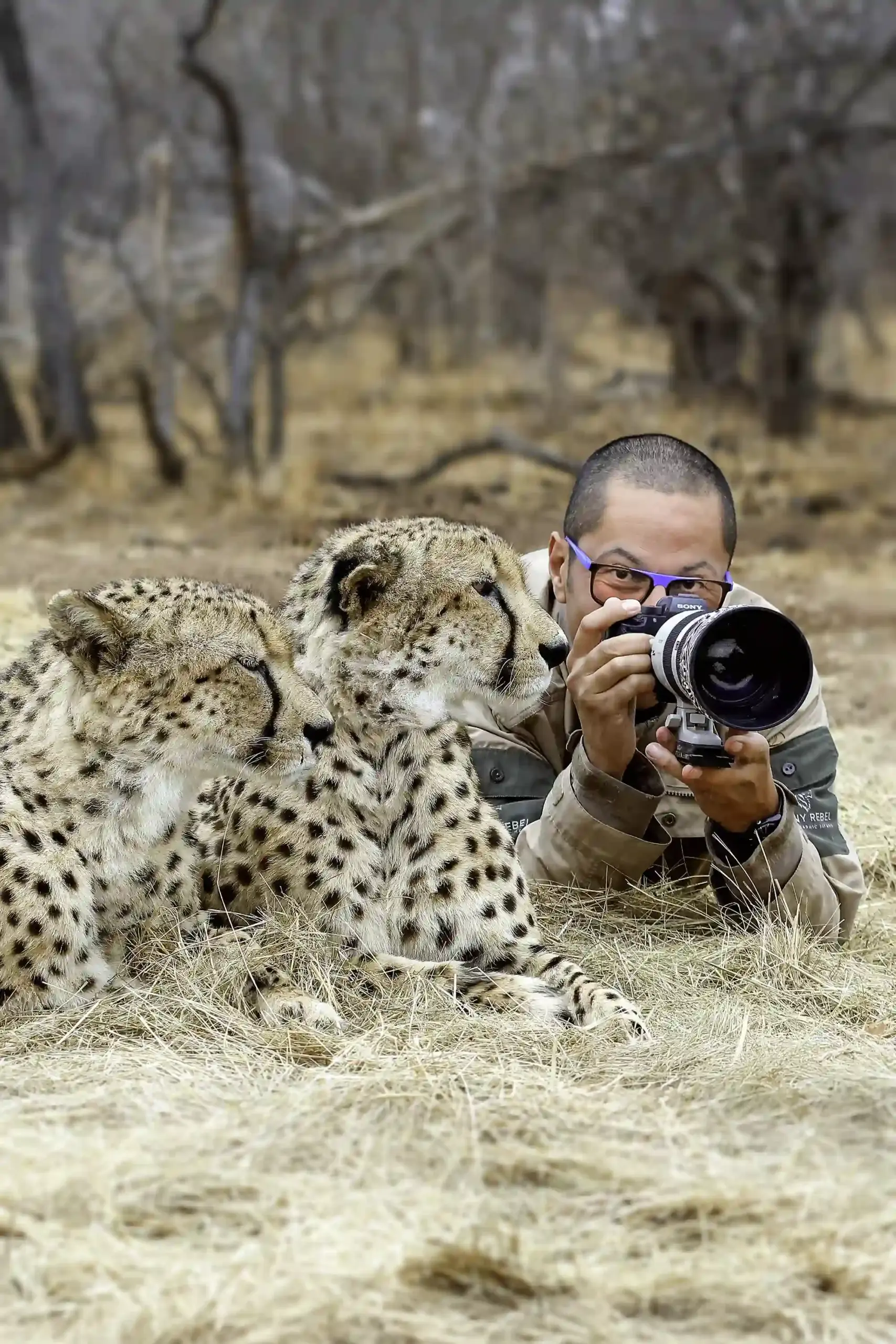 Benny Rebel in Afrika liegt bei Geparden auf dem Boden - auf einer Fotoreise.