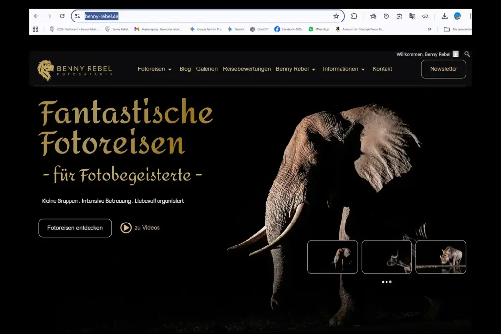 Ein Screenshot der Startseite der neuen Homepage von Benny Rebel Fotosafaris GmbH.