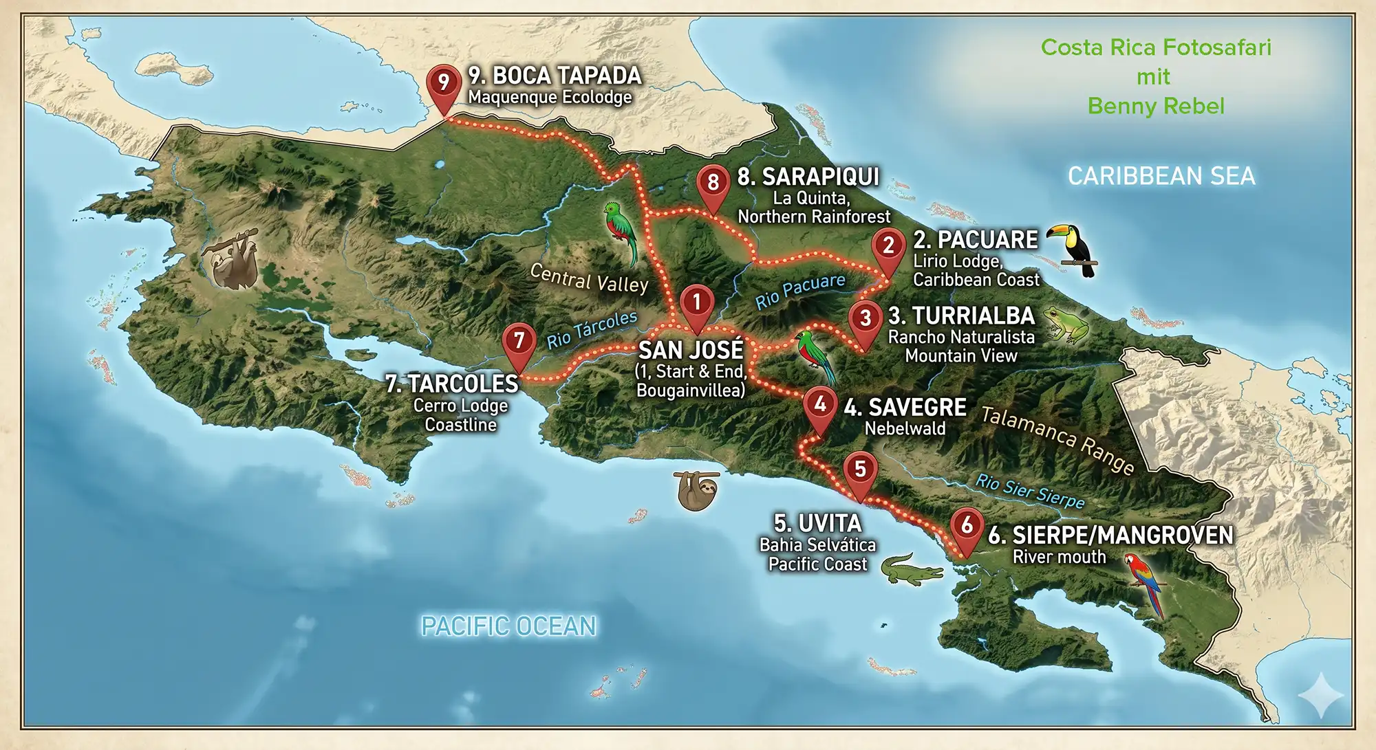 Die Reiseroute der Fotosafari durch Costa Rica.
