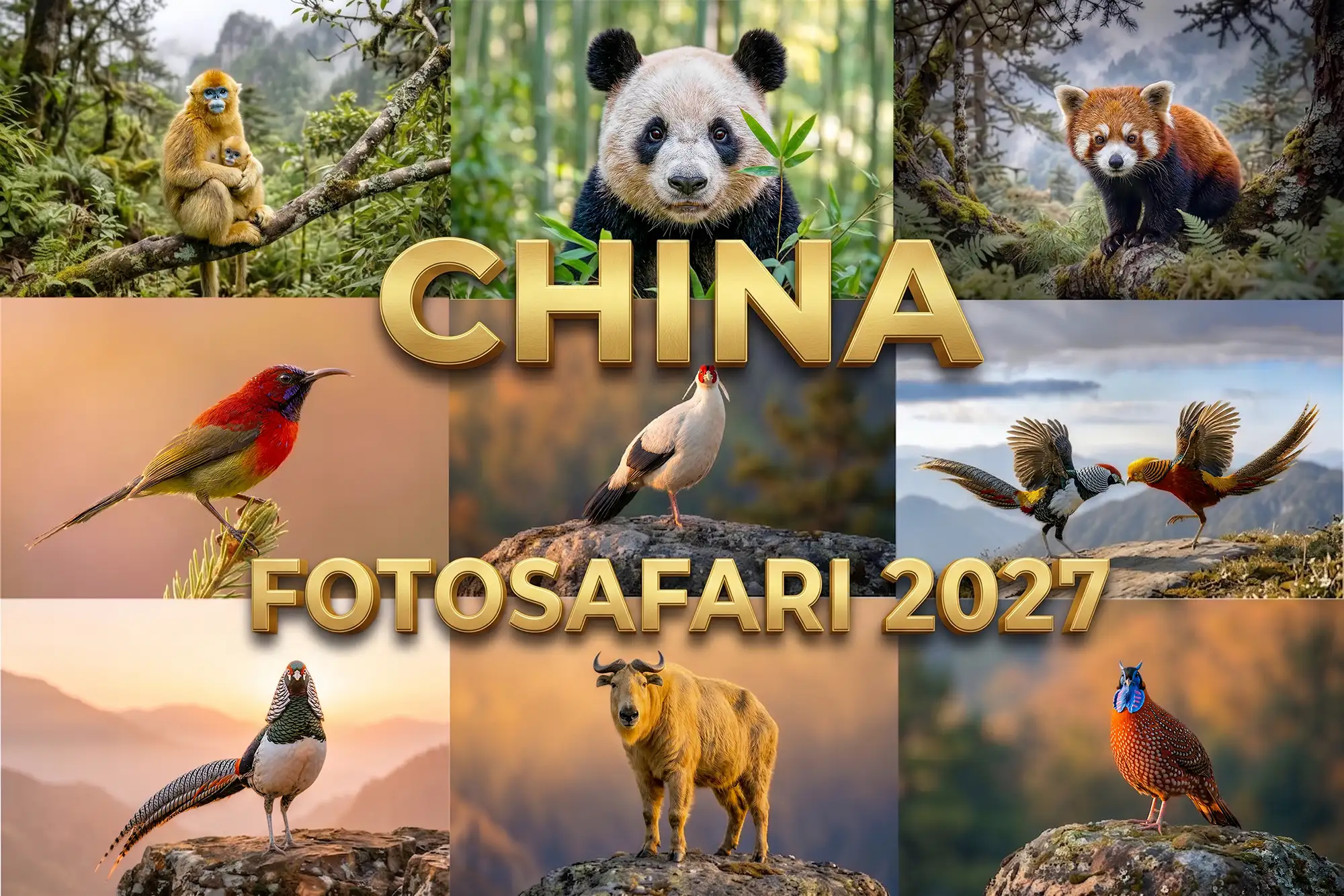 Collage mit verschiedenen exotischen Tieren Chinas wie dem Großen Panda, Roten Panda und farbenprächtigen Fasanen für die Fotosafari 2027.