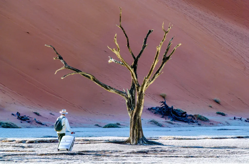 Reisender mit Koffer vor einem uralten Akazienbaum im Deadvlei vor den roten Dünen während einer Fotoreise und Fotosafari von Benny Rebel.