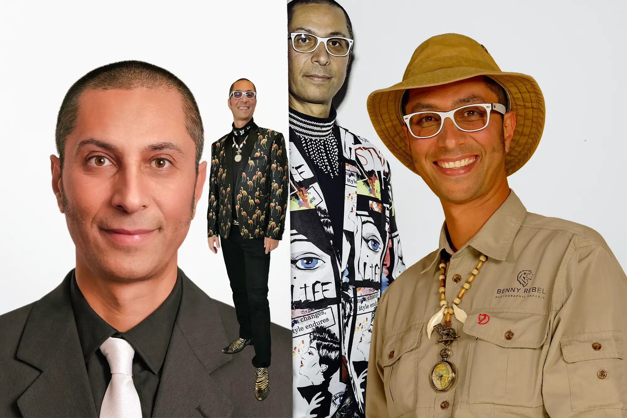 Benny Rebels verschiedene.Collage von Benny Rebel in verschiedenen Facetten: als Fotograf im Ranger-Outfit, im eleganten Anzug und in extravaganter Designer-Kleidung. Gesichter