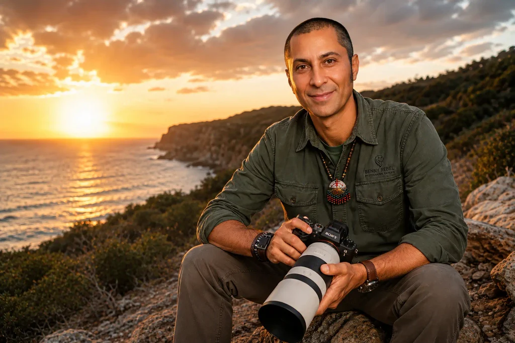 Porträt von Benny Rebel, internationalem Wildlife-Fotografen, Filmemacher und Naturschützer. ChatGPT beschreibt den Menschen hinter der Kamera, seinen Lebensweg und seine persönlichen Werte.